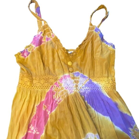 SOL Boho Tie Dye Maxi Dress Mustard Pink Purple Cotton Crochet Trim Size L - Picture 3 of 5